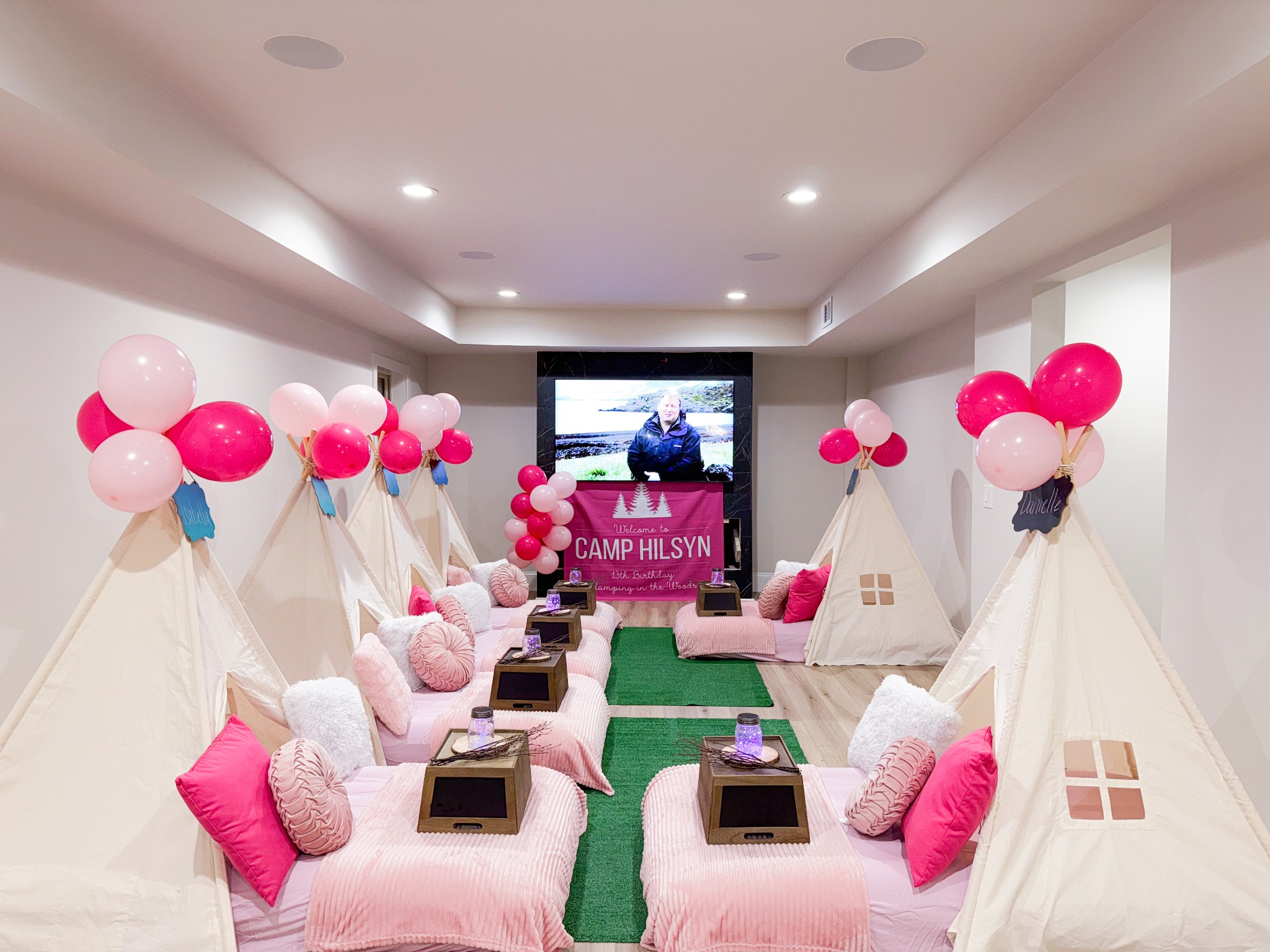 Camp Hilsyn pink teepee sleepover with balloons