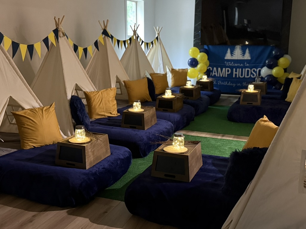Camp Hudson navy and gold teepee sleepover with lanterns