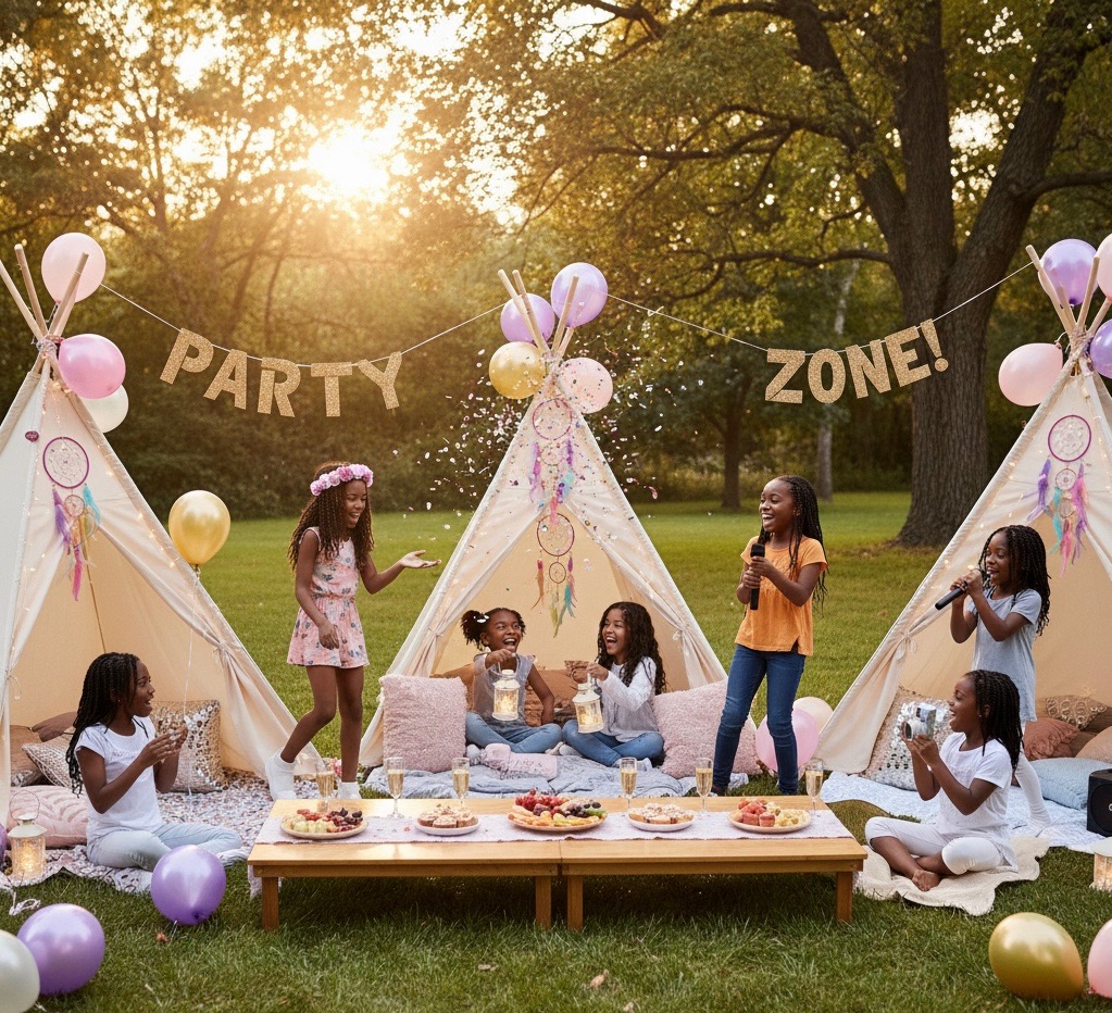 Outdoor teepee party zone with kids celebrating.