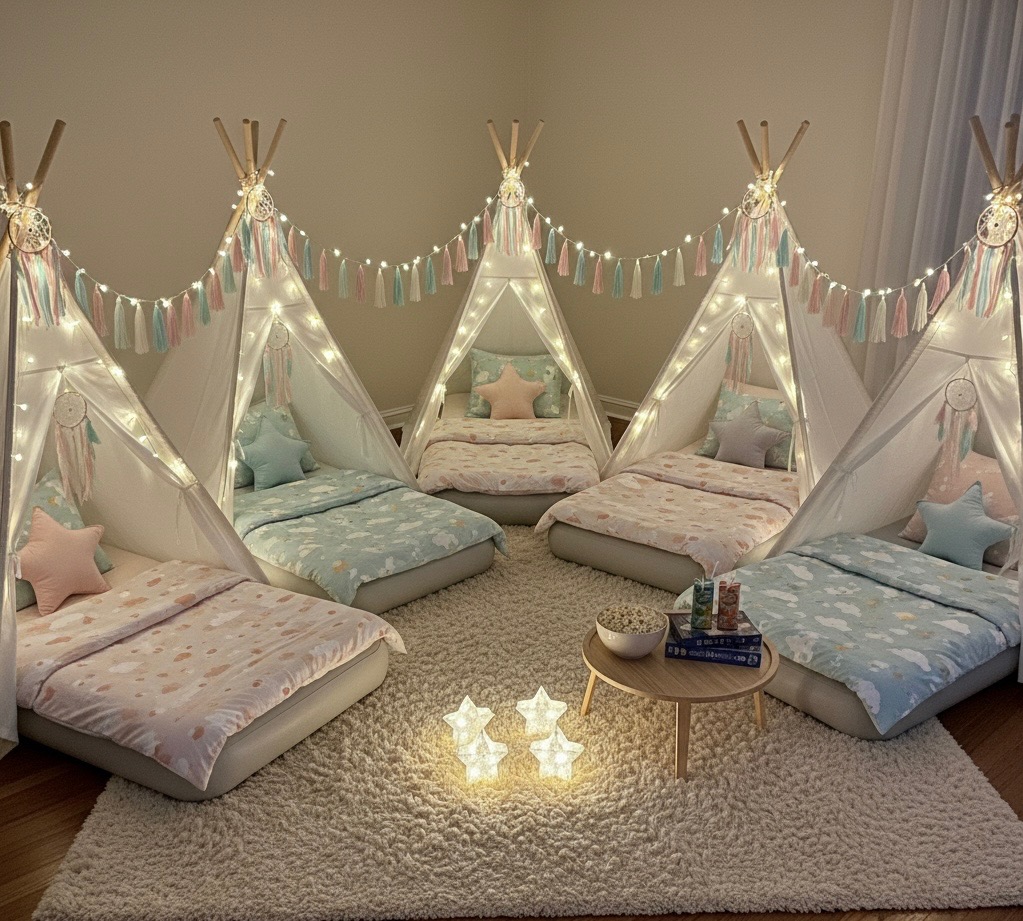 Cozy pastel indoor teepee sleepover setup with lights.
