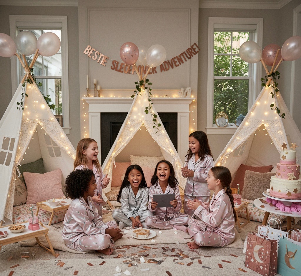 Group of kids laughing in matching pajamas at a teepee party.